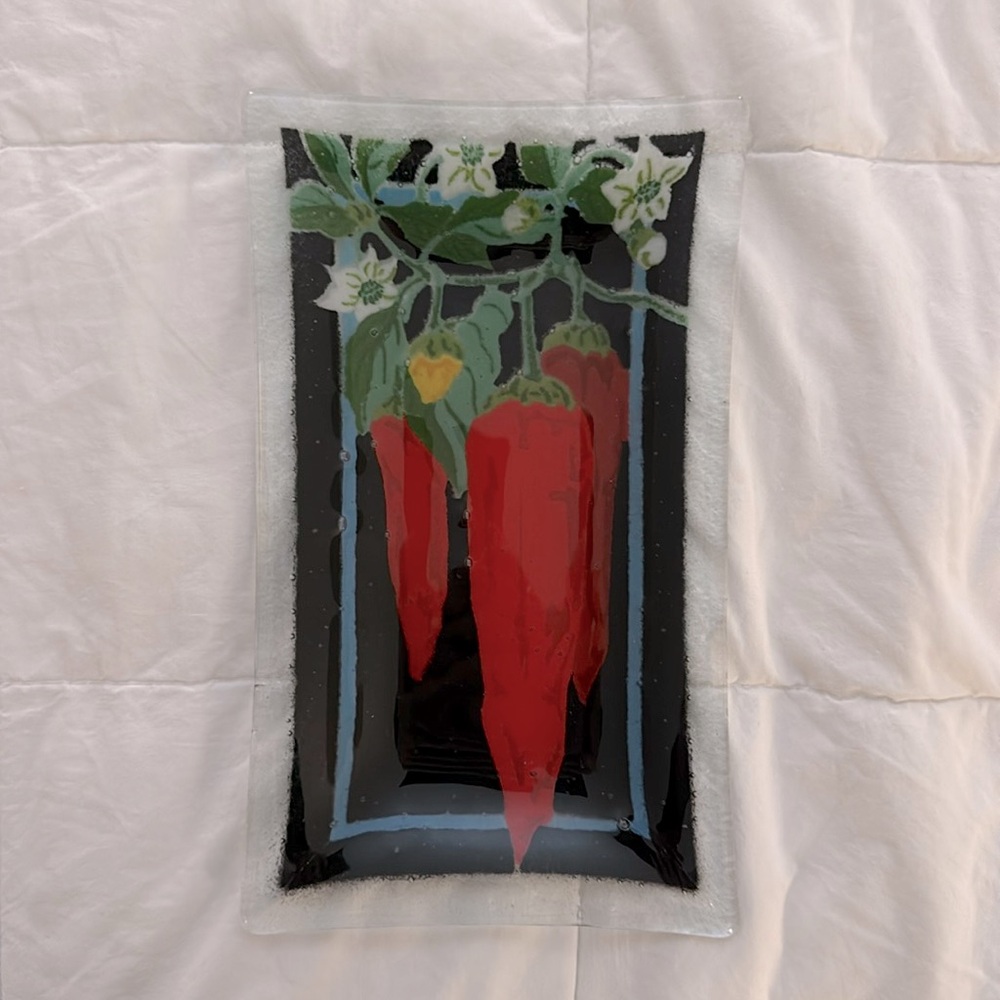 Peggy Karr Fused Glass Red Chili Peppers Cheese Platter 6”X10”